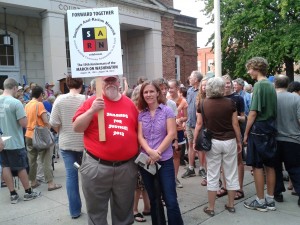 SARN treasurer Dick Paddock and secretary Anne Wolfley attend the “Taking the Dream Home to Chapel Hill” rally in downtown Chapel Hill (August 28, 2013).